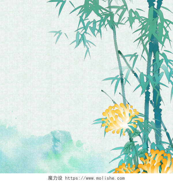 水墨中国风绿色竹子菊花